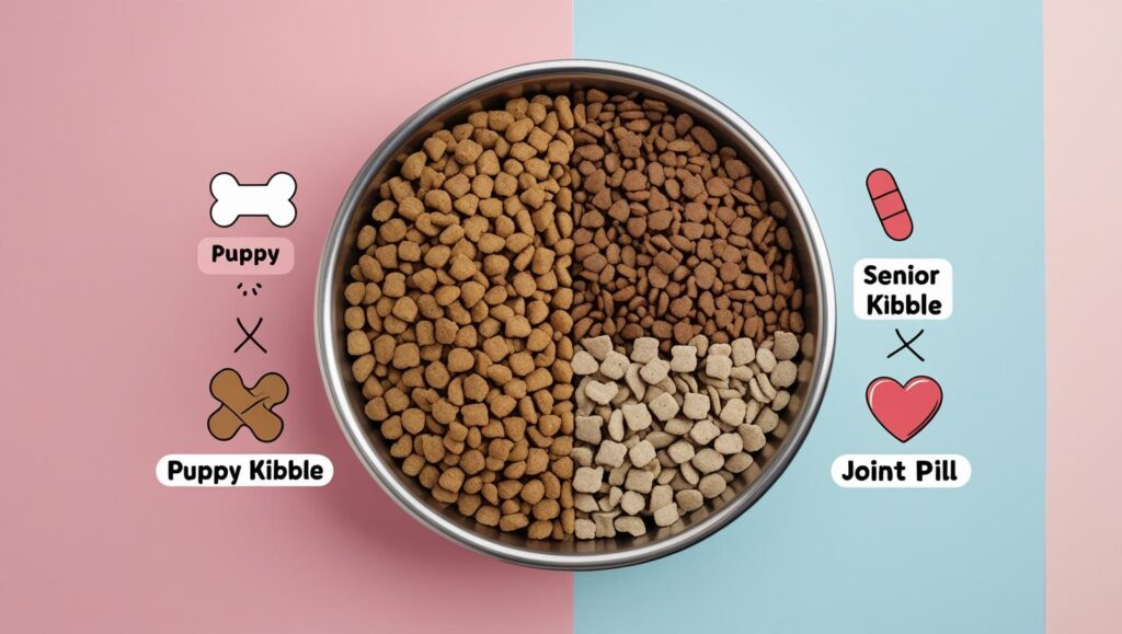 Dog bowl showing puppy kibble
